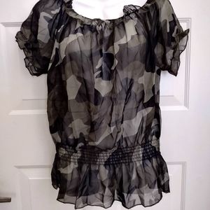 ECLATA SHEER CAMO BLOUSE, NWT